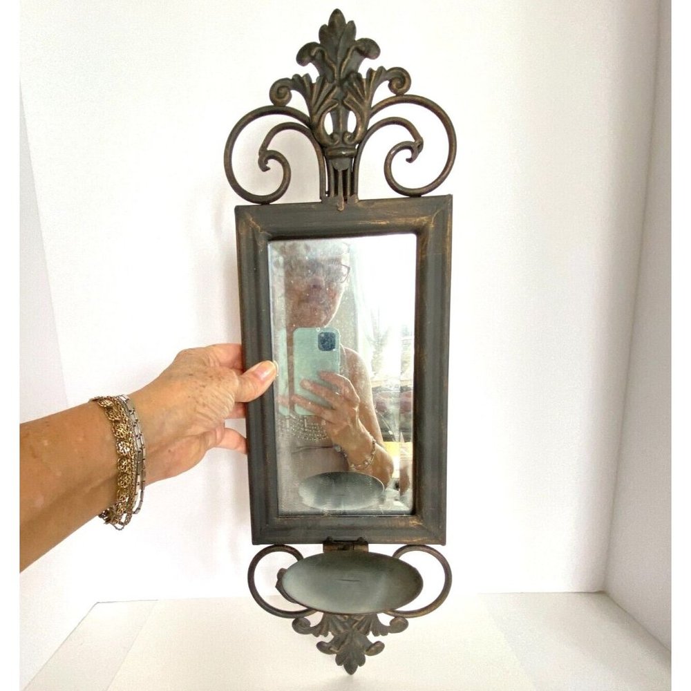 Distressed Metal Mirrored Pillar Candle Pair of 2 Bronze Toned Wall Sconces